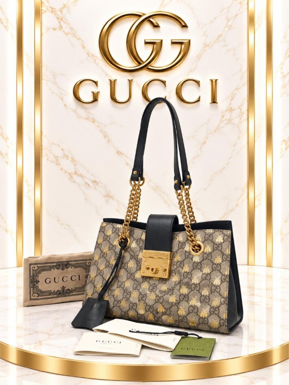 Authentic Gucci Padlock Bees GG Supreme Canvas Chain Shoulder Tote Bag